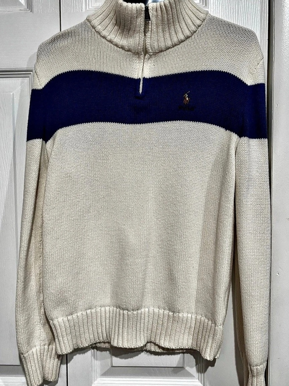 Polo Ralph Lauren Boys Cotton Quarter-Zip Sweater  Cream & Blue. Size: L. Preown